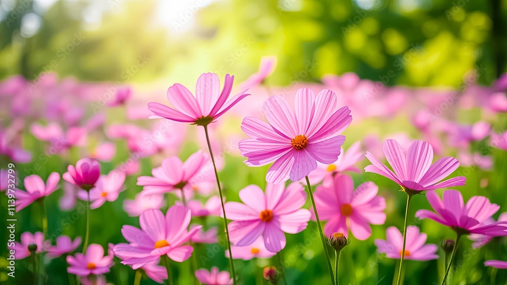 A field of delicate pink cosmos flowers bathed in the warm glow of sunlight, a picturesque springtime scene A field of delicate pink cosmos flowers bathed in the warm glow of sunlight, a picturesque springtime scene