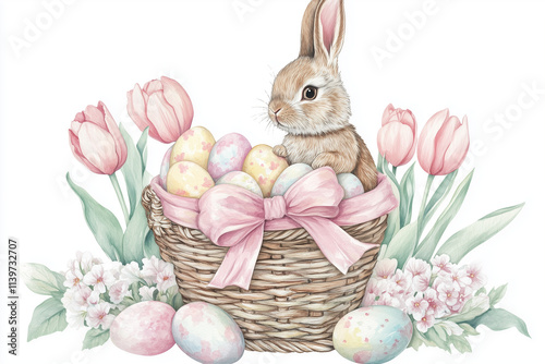 Watercolor Easter Basket Illustration with Pastel Eggs, Bunny, Tulips, and Flowers – Soft Colors, Cute Baby-Eared Rabbit, and Pink Ribbon Bow on White Background. Generative AI tools