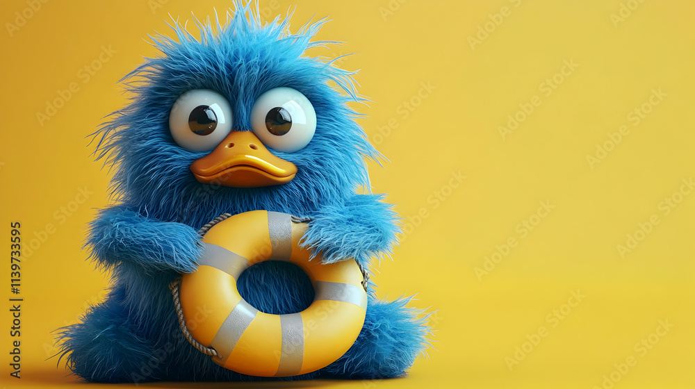 Fototapeta premium Fluffy Blue Bird 3D Illustration with Life Ring
