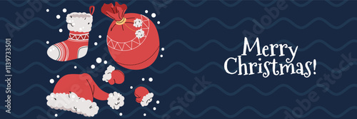 Christmas horizontal banner with Santa's hat, a stocking, mittens, and a gift sack in a flat cartoon style. Vector illustration for poster, banner, invitation, etc