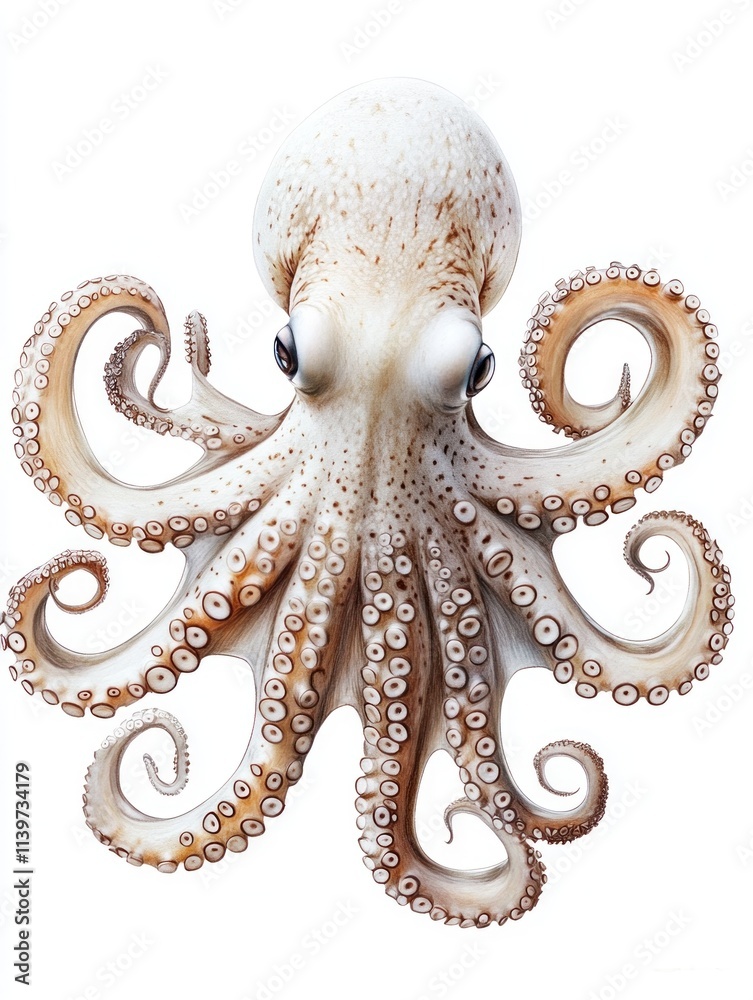 Obraz premium Close-up view of a pale octopus with eight arms, isolated on white background.