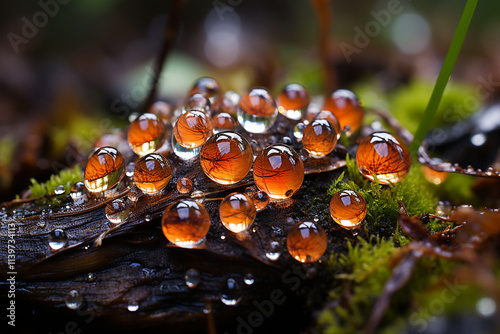 enchanting encounter dewdrops on diverse surfaces unveils a mesmerizing multicolor of reflections, miniature realms encapsulated within each droplet, and awe-inspiring splendor that dew bestows upon i photo