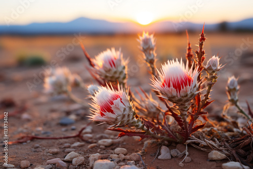 enchanting metamorphosis of a barren expanse at daybreak, as beautiful glow replaces dancing shadows and desert stirs newfound vitality photo