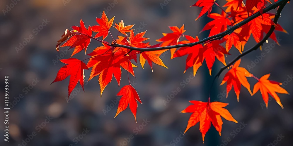 Vibrant Autumn Maple Leaves on a Branch, Illuminated by Warm Sunlight, Displaying Intricate Details and Rich Colors Vibrant Autumn Maple Leaves on a Branch, Illuminated by Warm Sunlight, Displaying Intricate Details and Rich Colors
