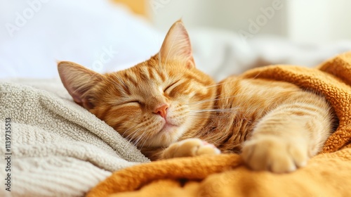 Relaxed Ginger Cat Sleeping Comfortably on Cozy Blanket in Sunlit Room