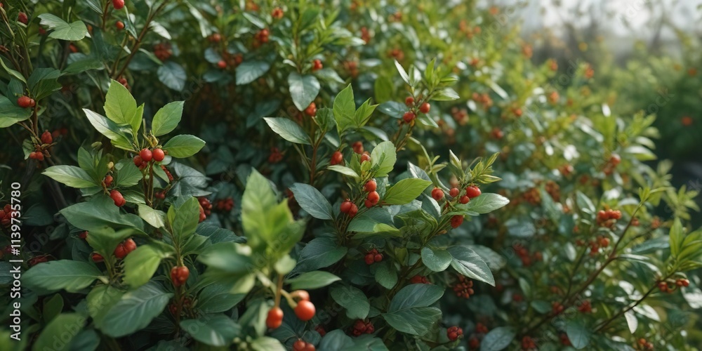 Wide-angle view of a green bush with many small wolfberries scattered on its leaves and stems, wildlife habitat, scenery Wide-angle view of a green bush with many small wolfberries scattered on its leaves and stems, wildlife habitat, scenery