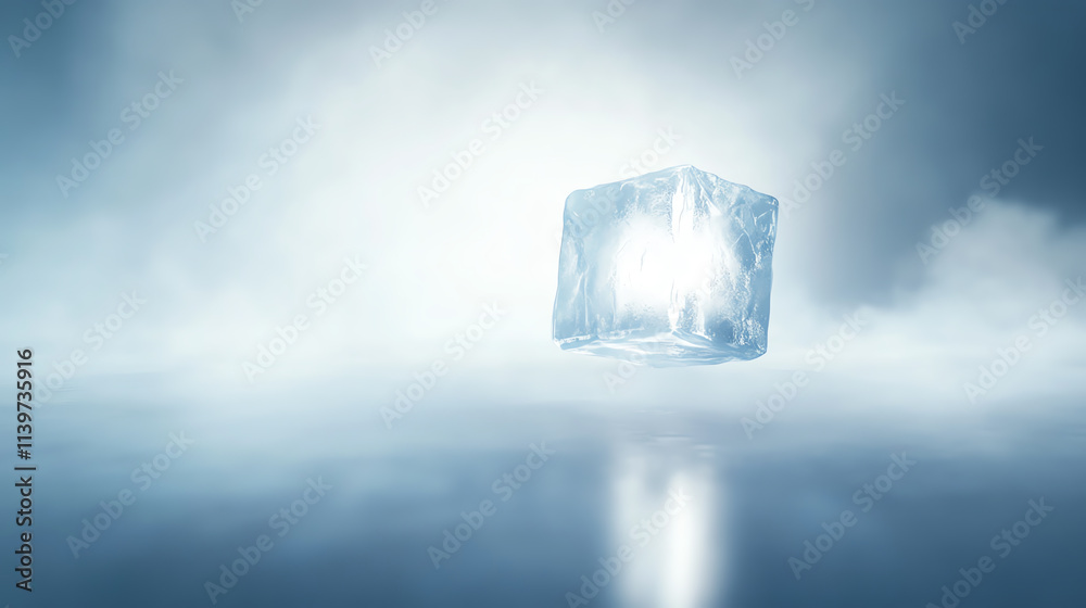 A single ice cube glowing in mist, capturing a serene and refreshing atmosphere. A single ice cube glowing in mist, capturing a serene and refreshing atmosphere.