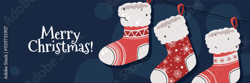 Christmas horizontal banner with hanging Christmas stockings in flat cartoon style. Vector illustration for poster, banner, invitation etc.