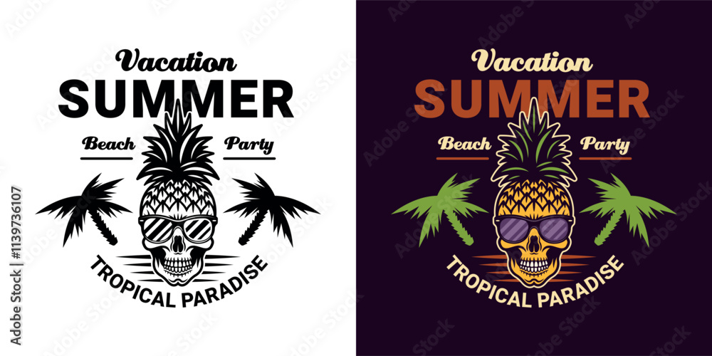 Fototapeta premium Skull pineapple cartoon character, summer theme vector emblem in two styles, black on white and colorful