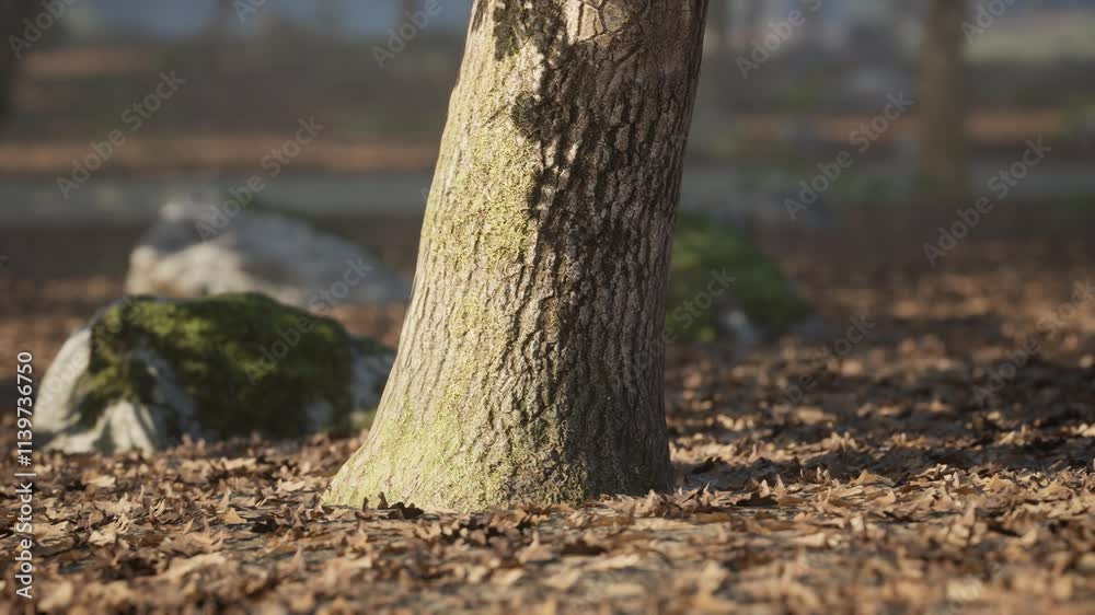 The trunk of a tree stands prominently, coated with patches of moss, while a carpet of golden autumn leaves covers the ground, creating a peaceful atmosphere in the park. The trunk of a tree stands prominently, coated with patches of moss, while a carpet of golden autumn leaves covers the ground, creating a peaceful atmosphere in the park.