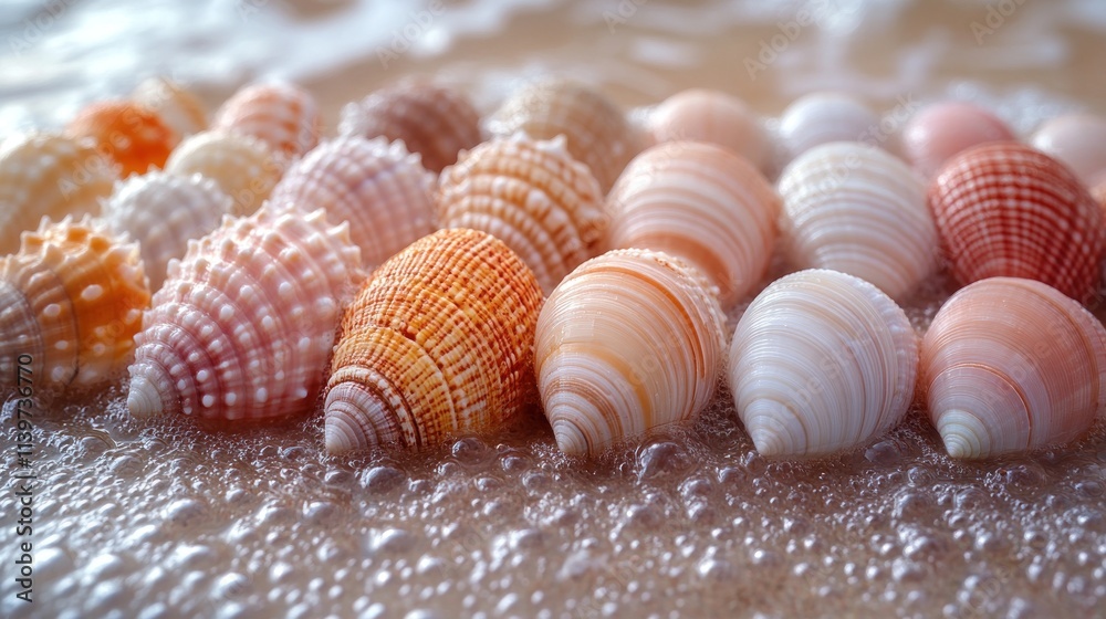 Seashells on beach with wave foam. Seashells on beach with wave foam.
