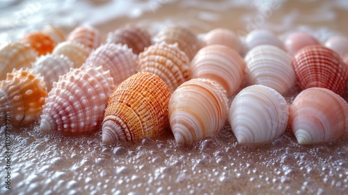 Seashells on beach with wave foam.