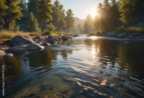 Gentle ripples disturb the otherwise calm surface of a river, , natural, serene photo