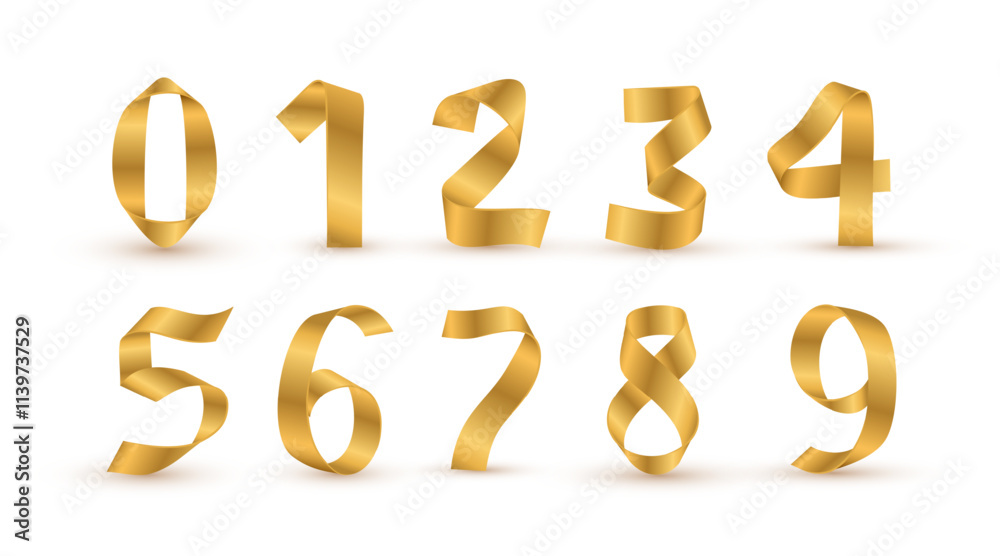 Golden ribbon 3D numbers set. Birthday golden luxury numbers. Collection of gold yellow isolated numbers. Bright realistic metallic 3D ribbon, vector design elements. Template golden numbers. Golden ribbon 3D numbers set. Birthday golden luxury numbers. Collection of gold yellow isolated numbers. Bright realistic metallic 3D ribbon, vector design elements. Template golden numbers.