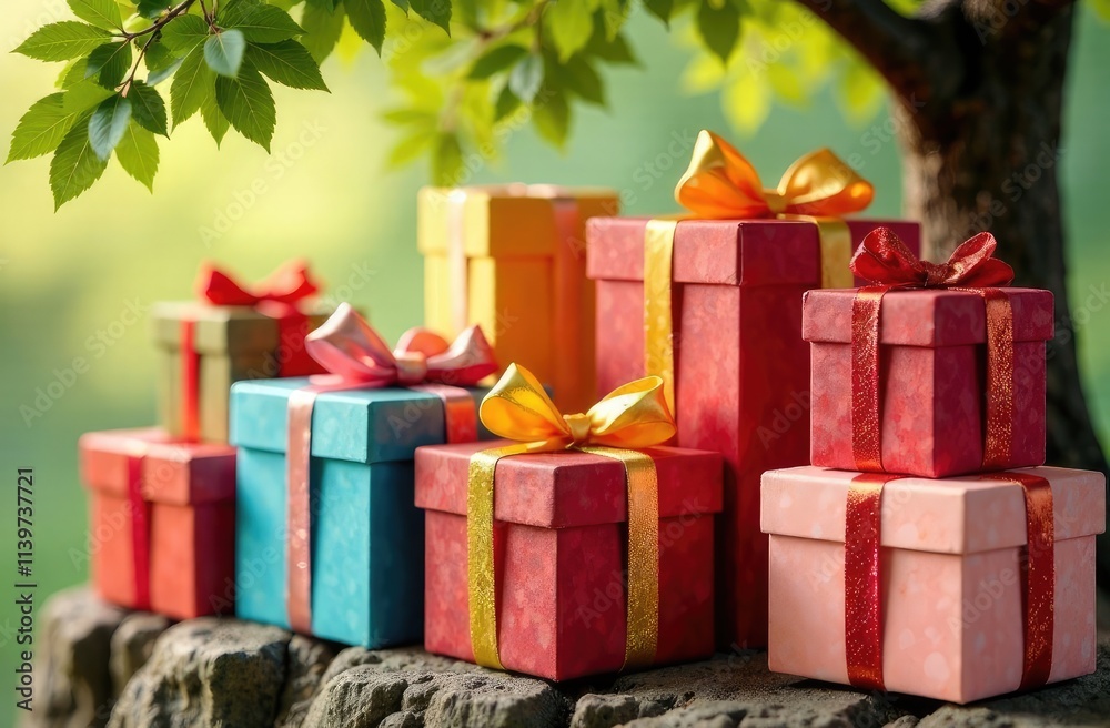 Obraz premium colorful boxes with ribbon under the tree 