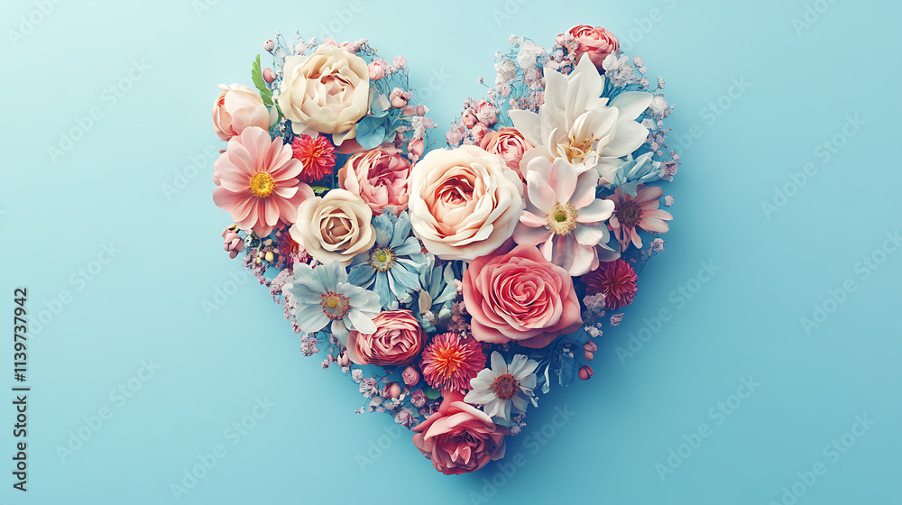 Heart-Shaped Floral Arrangement Against a Light Blue Background. A vibrant heart-shaped arrangement of various flowers, including roses, tulips, magnolias, and other blossoms, creates a romantic and s Heart-Shaped Floral Arrangement Against a Light Blue Background. A vibrant heart-shaped arrangement of various flowers, including roses, tulips, magnolias, and other blossoms, creates a romantic and s