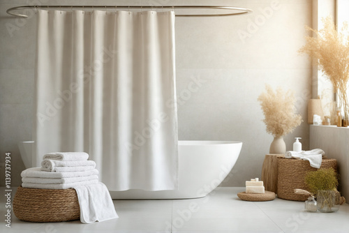 Serene Bathroom with Blank Shower Curtain and Neutral Accessories