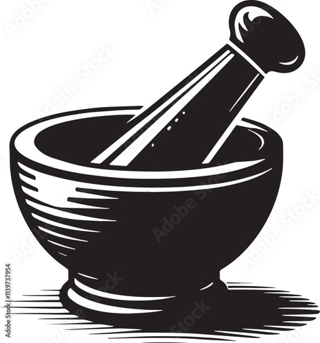 Mortar and Pestle Silhouette line art vector illustration on white background