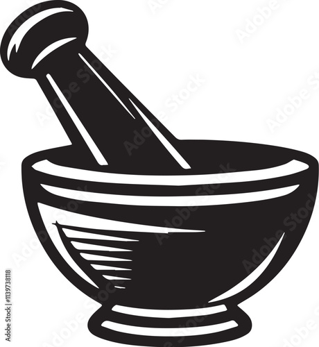 Mortar and Pestle Silhouette line art vector illustration on white background