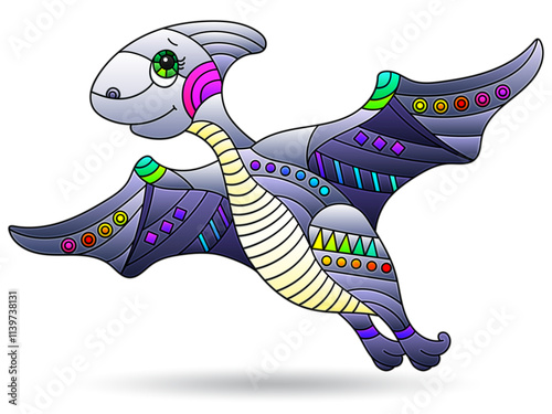 Illustration in the style of stained glass with bright dinosaur, animal isolated on a white background