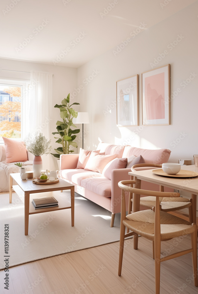 Fototapeta premium Modern living room with table, sofa and home plants.