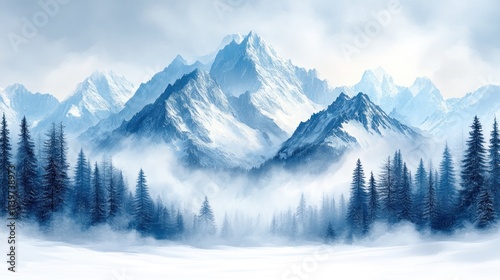 Majestic snow-capped mountains rise above a misty forest. photo