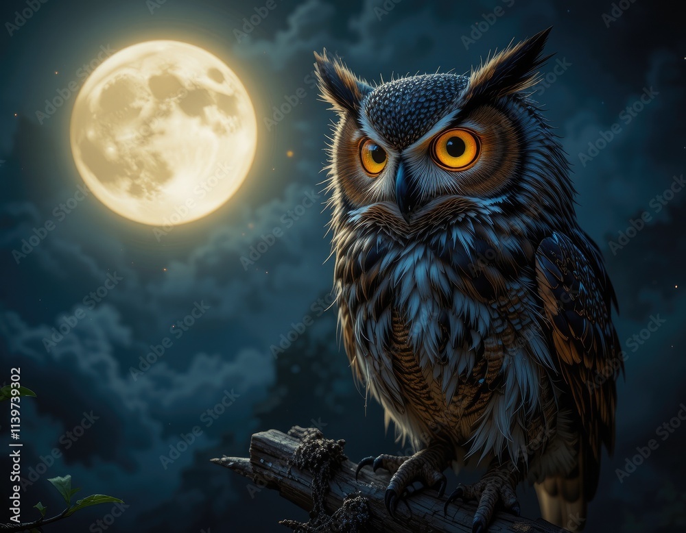 Wise owl perched on a branch at night with intense yellow eyes