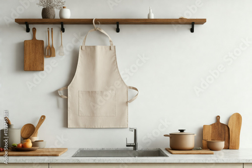 Modern Kitchen with Blank Apron Hanging on Rack photo