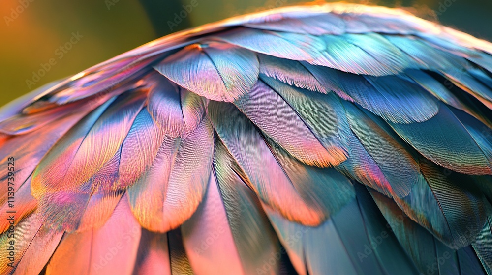 Obraz premium Iridescent bird feathers with vibrant pink, blue, and green hues.