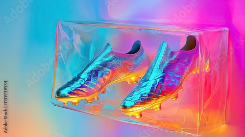 Iridescent soccer cleats encased in a translucent block against a vibrant background. photo