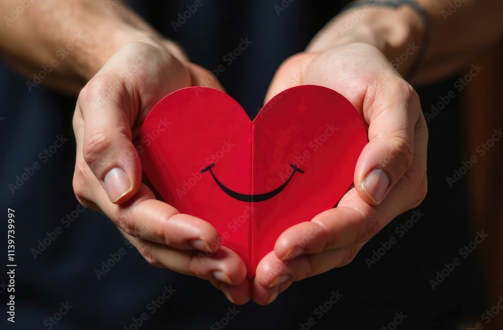 A red Paper Smiling Heart in the hands of a man. Love experiences, falling in love. Heart disease A red Paper Smiling Heart in the hands of a man. Love experiences, falling in love. Heart disease