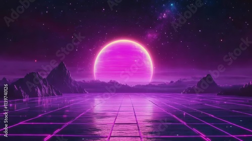 Synthwave landscape with a vibrant pink sun.