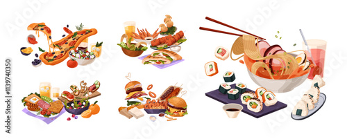 Set of fast food. American, Italian, Asian cuisine fastfood. Different delicious eating, tasty meals. Burger, sushi, pizza, noodle, salad. Flat isolated vector illustrations on white background