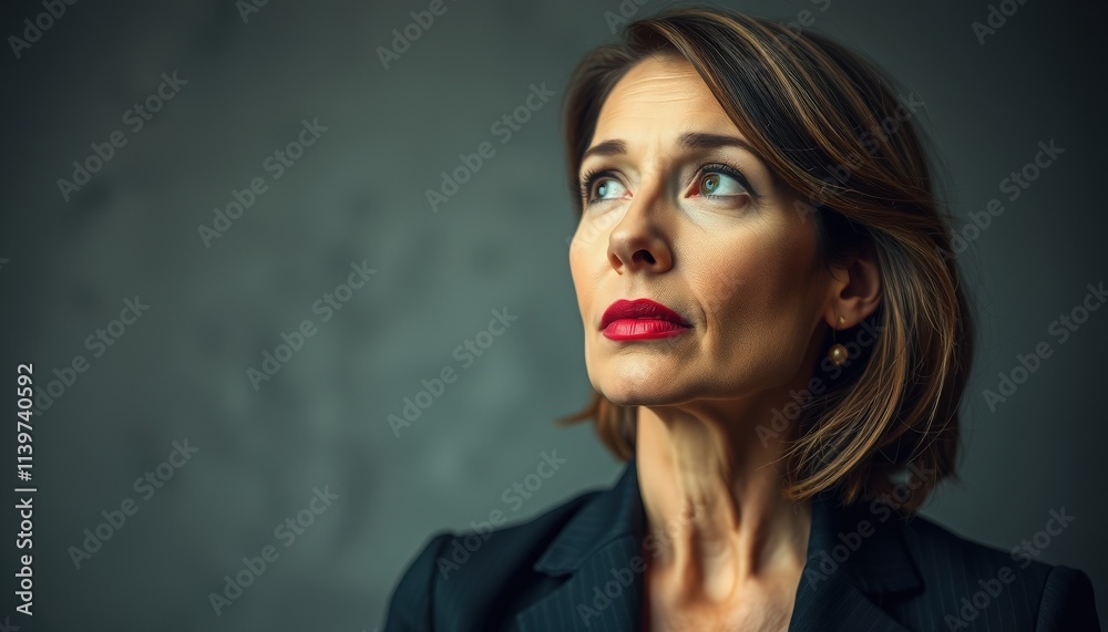 Thoughtful expression of a woman in a stylish suit with a modern backdrop during twilight hours Thoughtful expression of a woman in a stylish suit with a modern backdrop during twilight hours