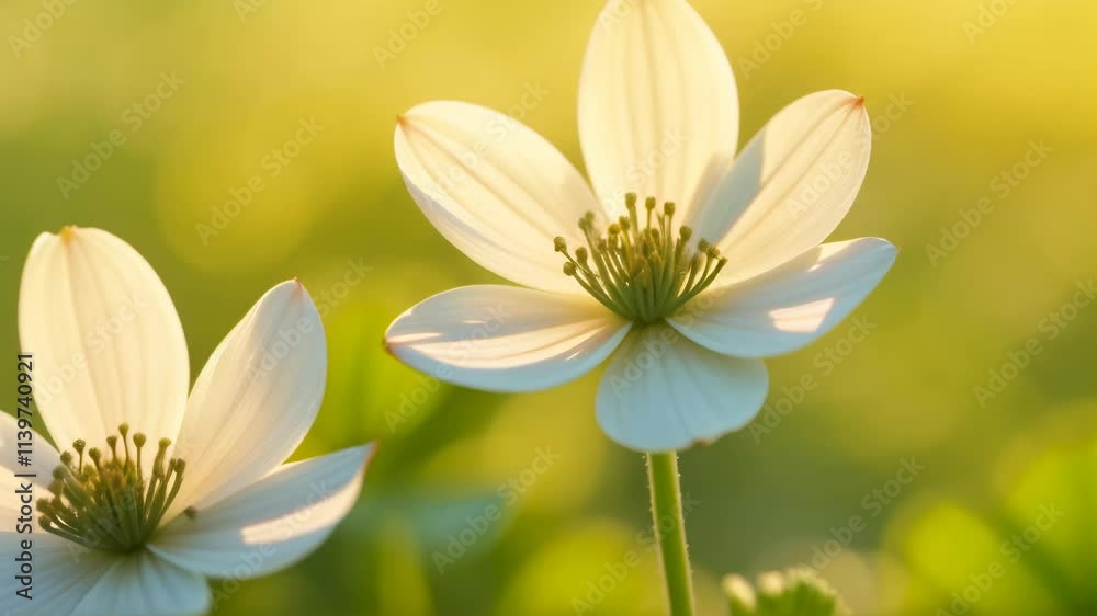 Two white flowers are in a field of green grass