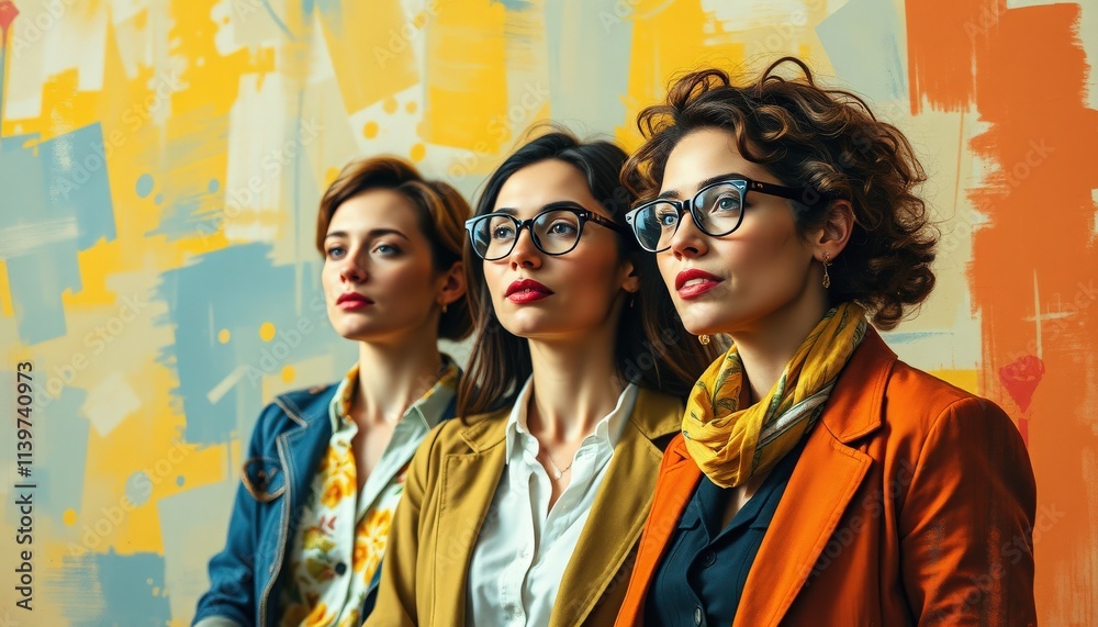 Three stylish women posing with confidence amidst a vibrant, artistic background in a modern setting