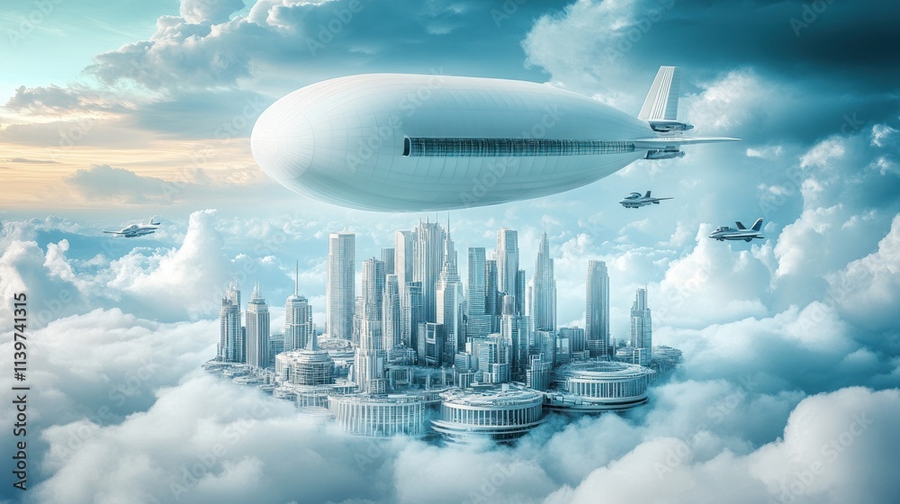 Futuristic city on clouds with airship and jets. Futuristic city on clouds with airship and jets.