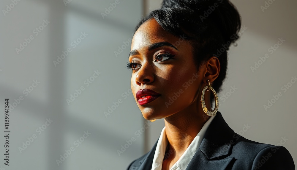 Fototapeta premium Confident woman in business attire gazes thoughtfully towards the light in a modern office setting during morning hours
