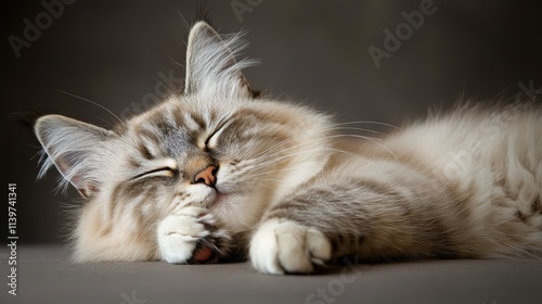 Relaxed fluffy cat peacefully sleeping with paws tucked under chin, soft fur texture