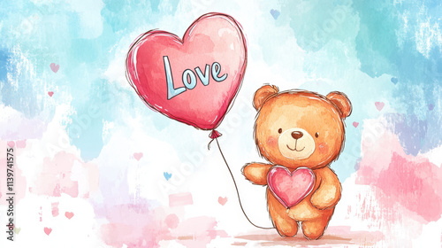 Kawaii cute adorable little watercolor style A teddy bear holding a heart-shaped child, birthday, animals, fun, cute, flower