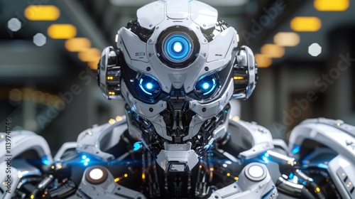 Close-up of a futuristic white robot with glowing blue eyes.