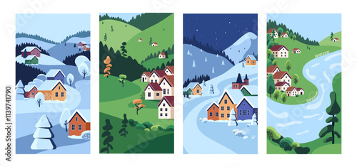 Set of cards with rural landscapes. Countryside nature with houses, snow hills, forests, river. Village, country in different seasons: winter, summer, autumn, spring. Flat vector illustrations