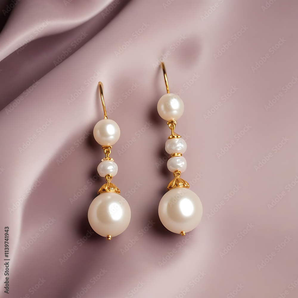A close-up of pearl earrings displayed on a velvet background in a soft white studio light.