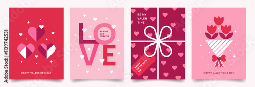 Set of Happy Valentine's Day minimalist trendy cards. Modern flat design with geometric pattern of simple icons, hearts, flowers. Vector template for banner, poster, holiday cover.