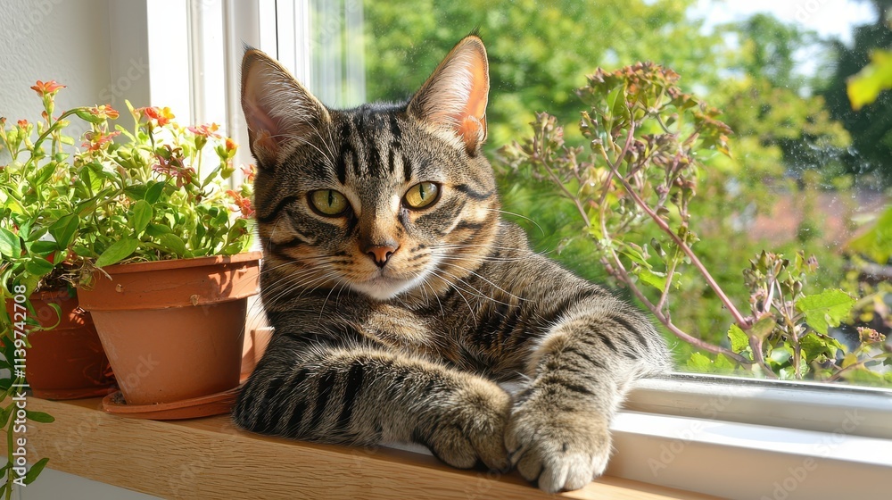 Domestic Tabby Cat Relaxing by the Window with Green Plants and Natural Light Domestic Tabby Cat Relaxing by the Window with Green Plants and Natural Light