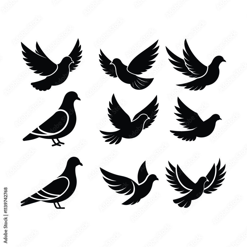 Obraz premium Pigeon bird silhouette vector bundle on white background
