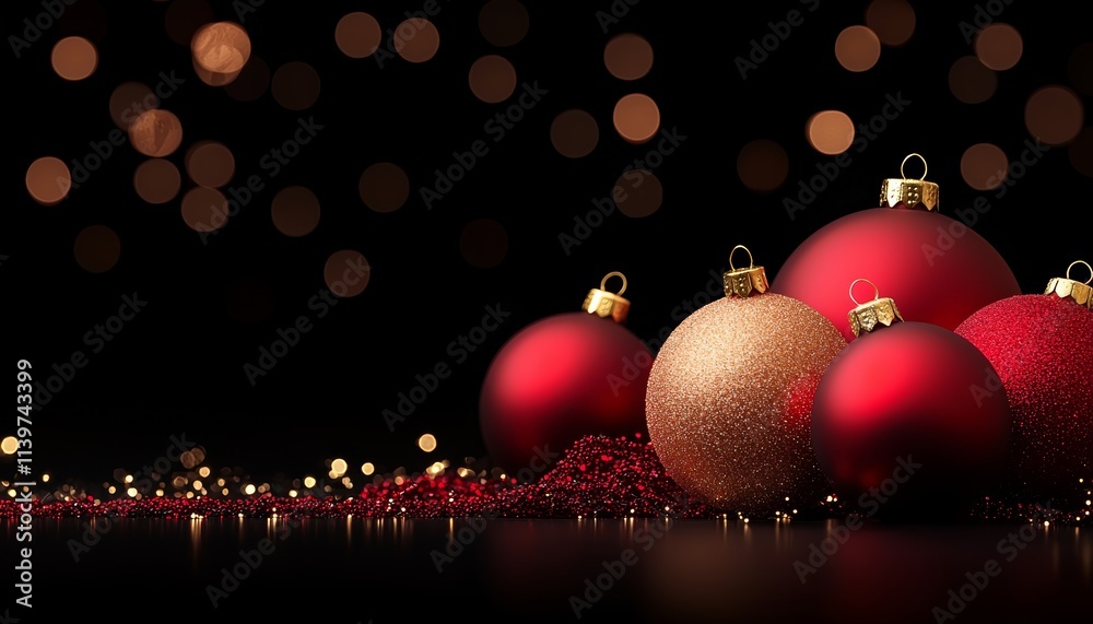 Obraz premium A festive display of red and gold Christmas ornaments against a dark background, creating a warm, holiday atmosphere.