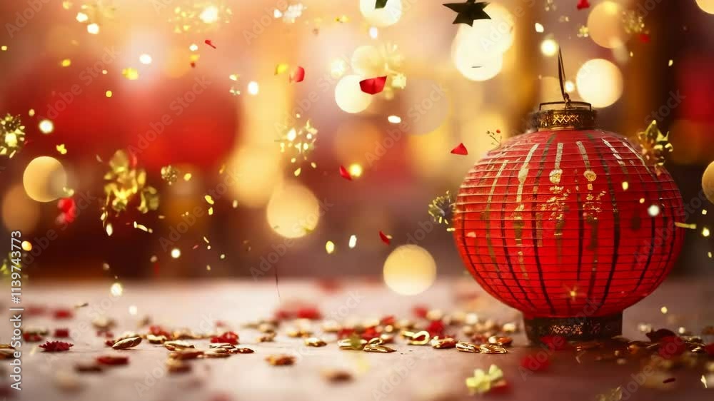 A red lantern of Chinese new year sits on a table with a lot of red and gold glitter. The lantern is the main focus of the image, and the glitter adds to the festive and celebratory mood A red lantern of Chinese new year sits on a table with a lot of red and gold glitter. The lantern is the main focus of the image, and the glitter adds to the festive and celebratory mood