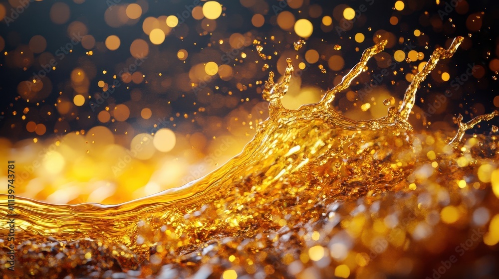 Naklejka premium Golden liquid splash with bokeh background. Ideal for beverage, luxury, or celebratory themes.