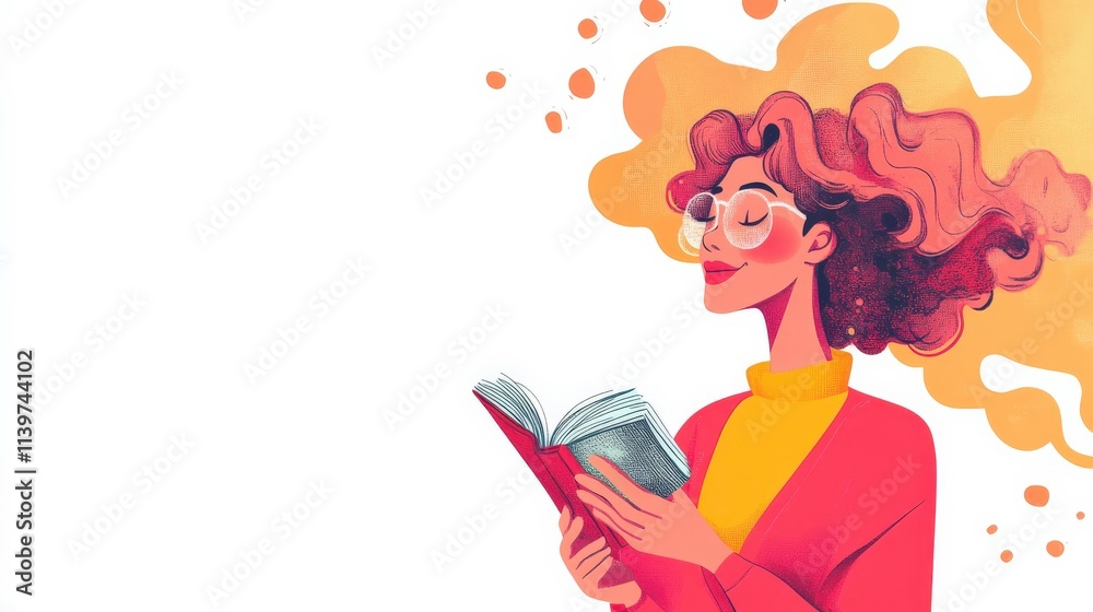 Young woman with curly hair reading a book against a vibrant orange and white background, showcasing love for literature and imagination in a colorful, artistic style.